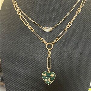 Chic Gold Layered Paperclip Necklace with Green Heart Pendant NWT Celestial